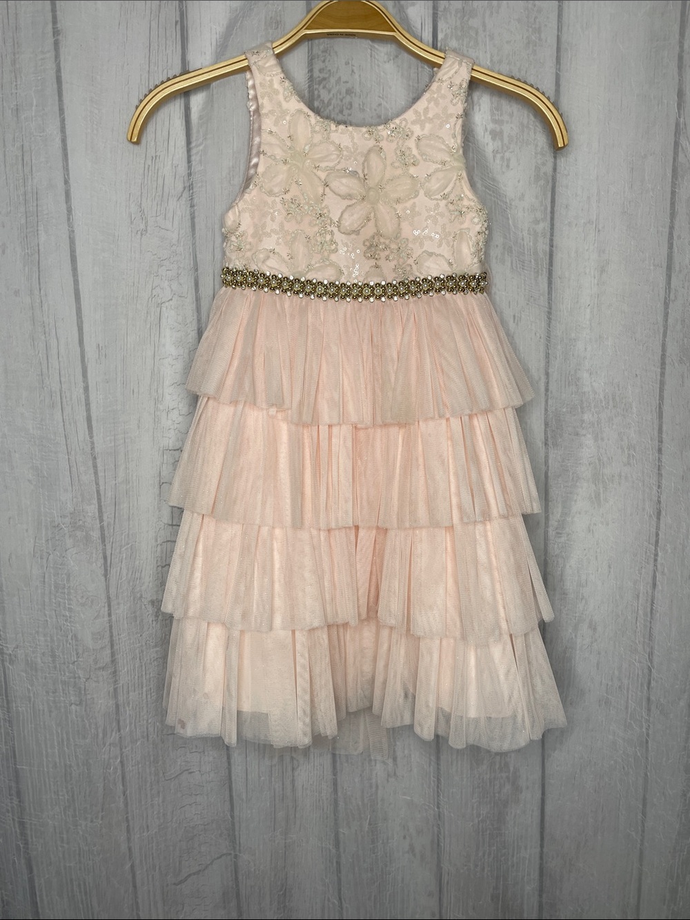 American Princess Girls Pink Tiered Tulle Party Dress with Beaded Waist.